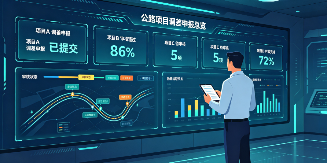 企业管理人员通过项目看板查看多个公路项目的调差申报和审核状态