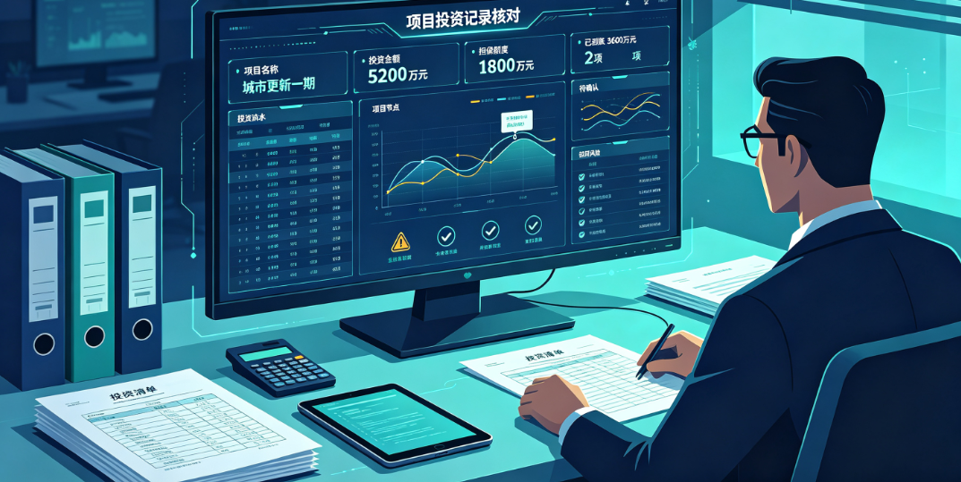 管理人员核对投资担保项目管理系统的项目投资记录 管理人员核对投资担保项目管理系统的项目投资记录