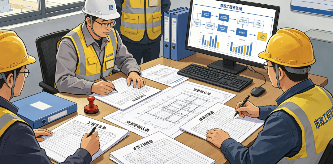 项目人员正在处理市政工程签证变更与成本归集 项目人员正在处理市政工程签证变更与成本归集