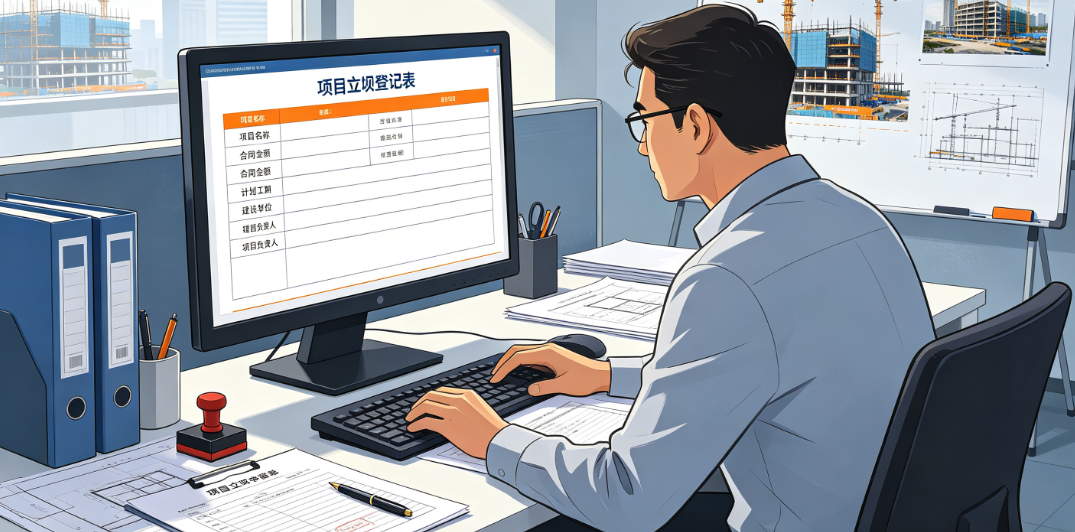 工程部负责人在电脑前登记新项目立项信息，填写项目名称、合同金额和计划工期