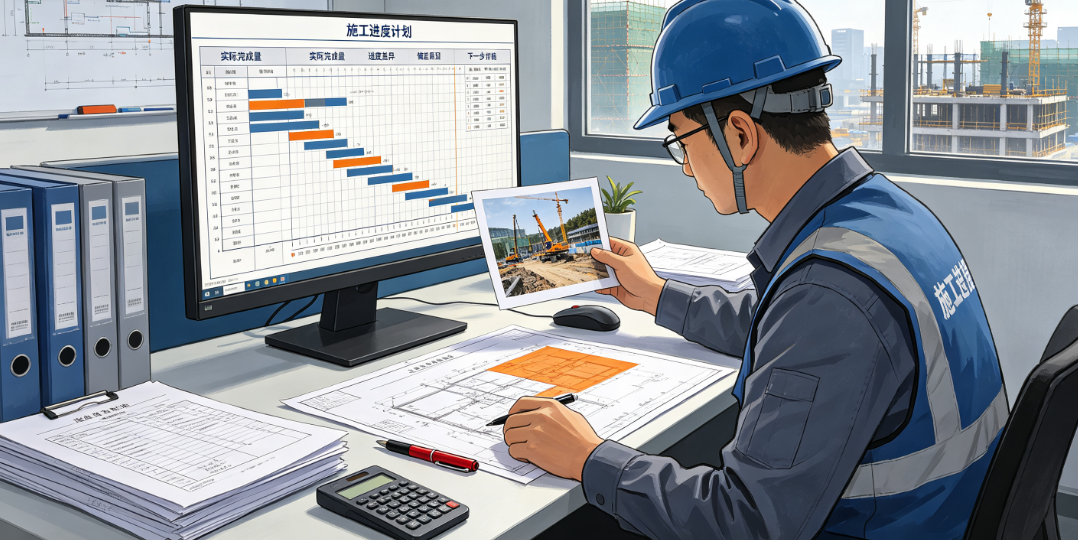项目经理正在核对施工进度计划与实际完成量差异 项目经理正在核对施工进度计划与实际完成量差异