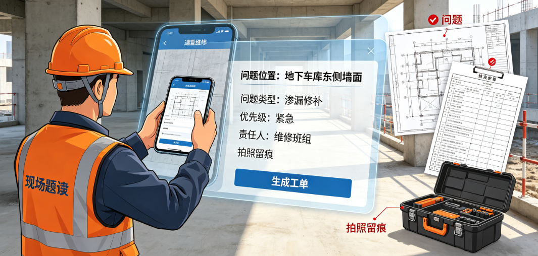 现场巡检人员用手机记录问题并生成维修工单 现场巡检人员用手机记录问题并生成维修工单