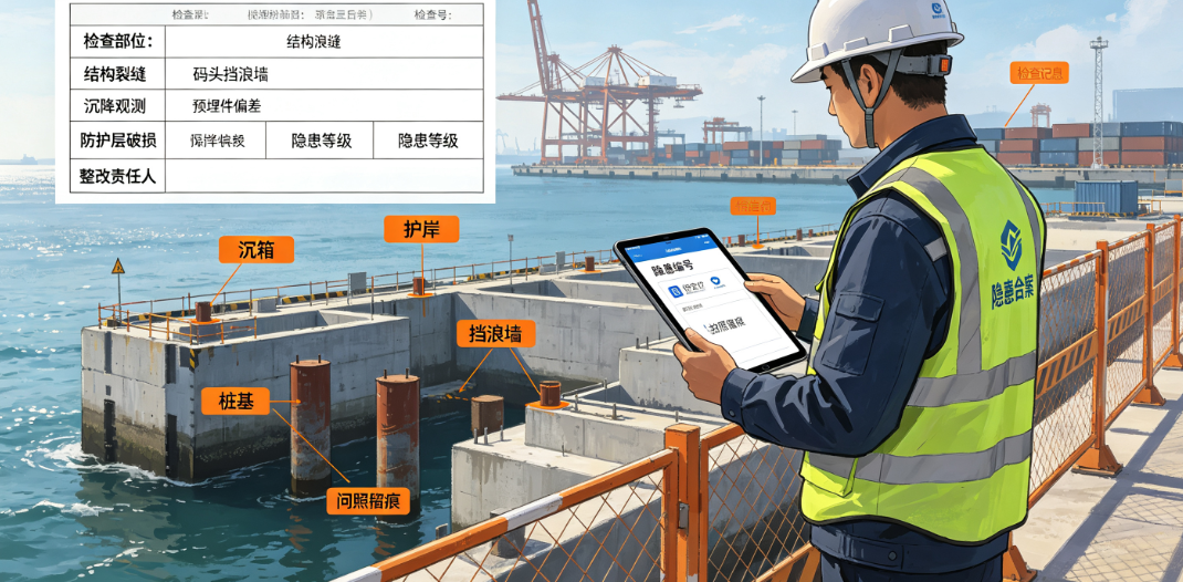 质检人员在港口码头施工现场记录水工结构质量检查与隐患台账