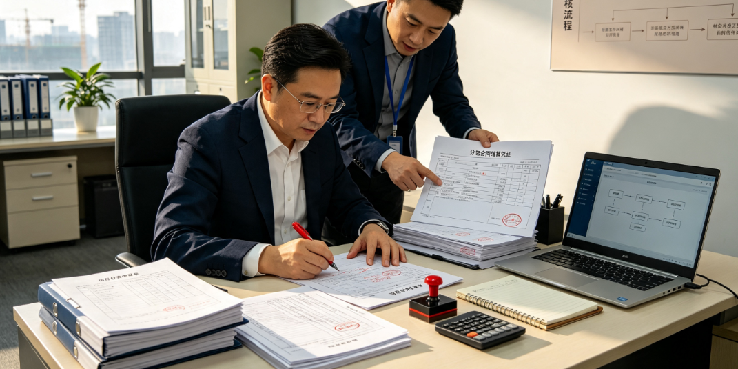 工程财务负责人核对项目付款申请单与分包合同结算凭证 工程财务负责人核对项目付款申请单与分包合同结算凭证