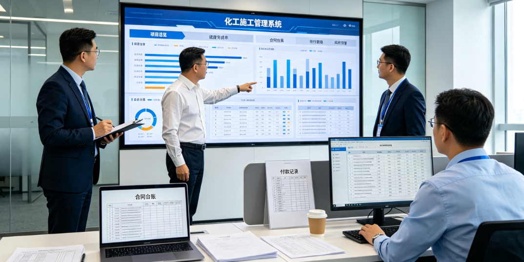 企业管理人员通过化工企业施工过程管理系统的项目看板查看多项目进度与合同台账