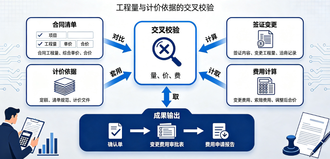 商务人员根据合同清单核对签证变更工程量和计价依据
