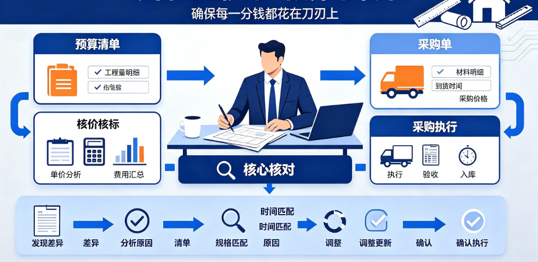 项目经理在办公桌前核对家装项目预算清单与材料采购单 项目经理在办公桌前核对家装项目预算清单与材料采购单