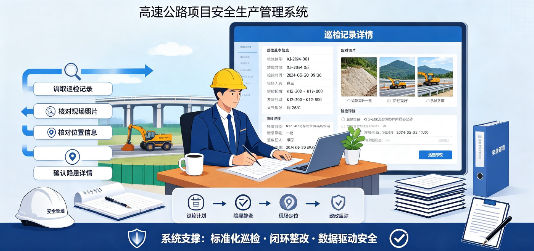 安全管理人员在高速公路项目安全生产管理系统中核对巡检记录 安全管理人员在高速公路项目安全生产管理系统中核对巡检记录