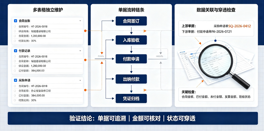 项目部用WPS表格登记合同台账与付款记录,多个表格独立维护 项目部用WPS表格登记合同台账与付款记录,多个表格独立维护
