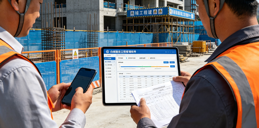白城建筑施工现场的项目经理与质检员正在核对工程进度与材料到货记录,评估白城建设工程管理软件的适用性 白城建筑施工现场的项目经理与质检员正在核对工程进度与材料到货记录,评估白城建设工程管理软件的适用性