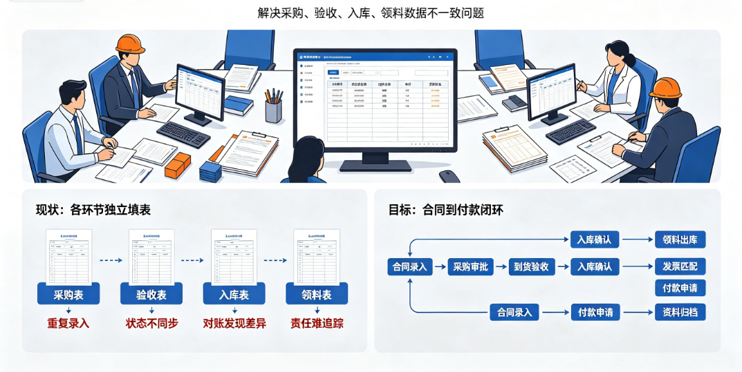 采购、验收、入库、领料在Excel中各成孤岛,月底对账时才发现数据不一致 采购、验收、入库、领料在Excel中各成孤岛,月底对账时才发现数据不一致