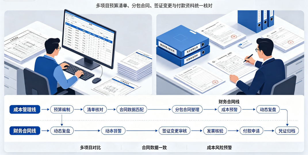 项目成本管理人员在电脑前核对多个隧道项目的预算清单与合同数据