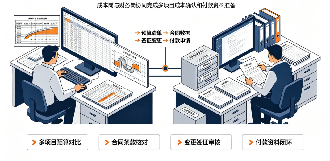 财务人员正在整理隧道项目的分包合同和签证变更单据