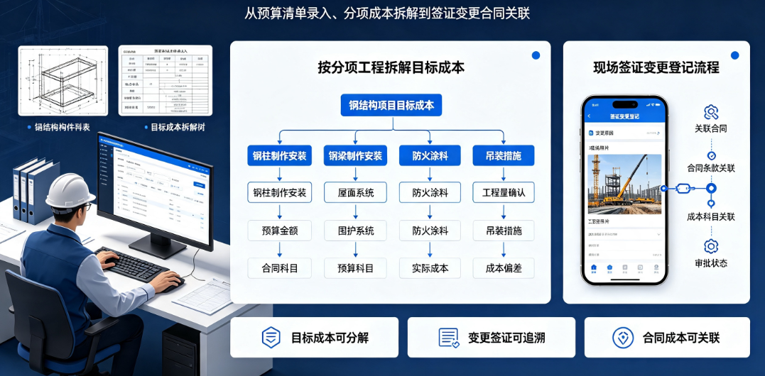 钢结构项目经营人员将预算清单录入系统,按分项工程拆解目标成本 钢结构项目经营人员将预算清单录入系统,按分项工程拆解目标成本
