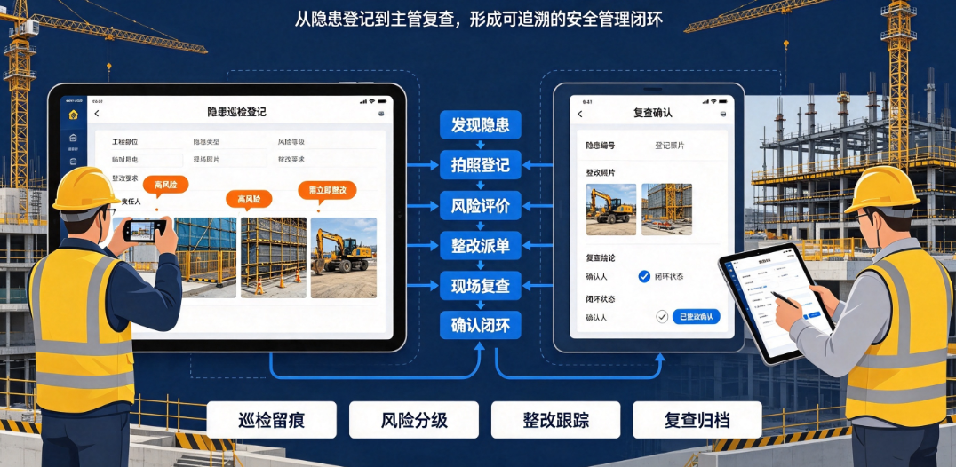 安全主管在施工现场对比施工安全生产风险评价管理系统中的记录进行复查确认 安全主管在施工现场对比施工安全生产风险评价管理系统中的记录进行复查确认