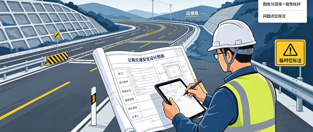 技术人员在公路施工现场核对公路交通安全设计图纸并记录现场状况 技术人员在公路施工现场核对公路交通安全设计图纸并记录现场状况