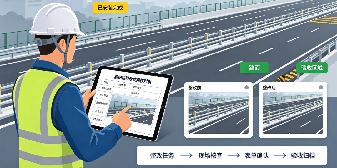 安全员在公路施工现场使用公路交通安全设计软件配套表单核对防护栏整改成果 安全员在公路施工现场使用公路交通安全设计软件配套表单核对防护栏整改成果
