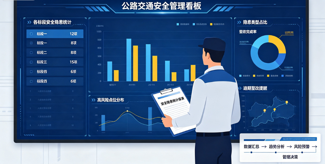 管理人员通过公路交通安全设计软件衍生看板查阅各标段安全隐患统计报表 管理人员通过公路交通安全设计软件衍生看板查阅各标段安全隐患统计报表