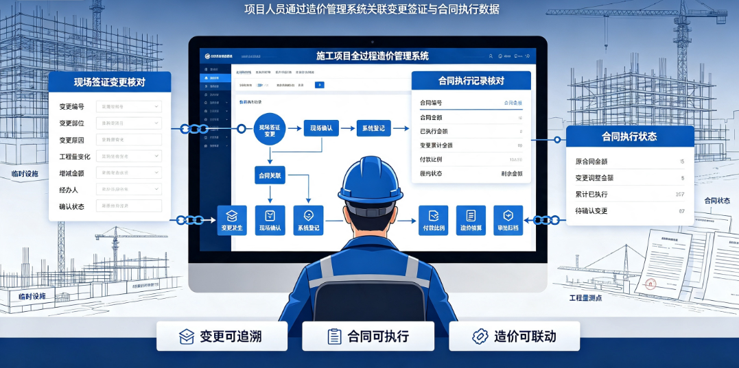 施工项目全过程造价管理系统中项目人员核对现场签证变更和合同执行记录 施工项目全过程造价管理系统中项目人员核对现场签证变更和合同执行记录