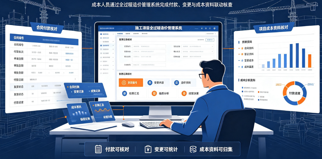 施工项目全过程造价管理系统中成本人员核对合同付款、变更记录和项目成本资料 施工项目全过程造价管理系统中成本人员核对合同付款、变更记录和项目成本资料