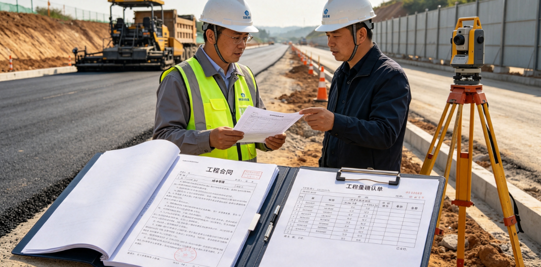 公路项目管理人员在施工现场核对工程合同与成本单据