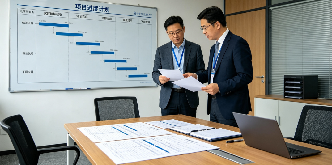 高校项目管理人员在查看项目进度计划和实际填报记录 高校项目管理人员在查看项目进度计划和实际填报记录