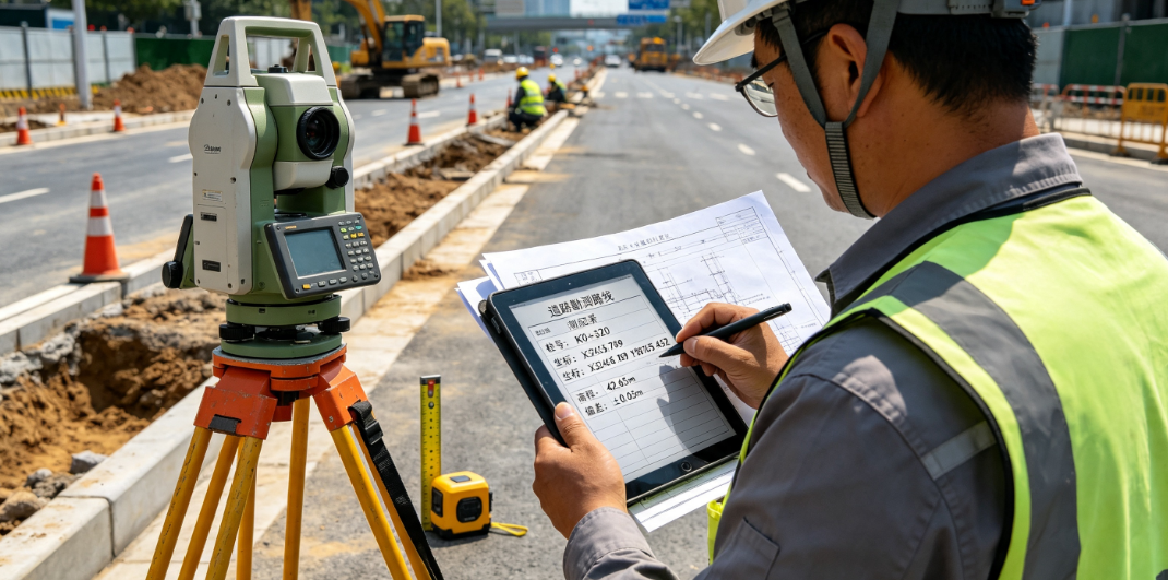 项目技术人员在道路施工现场核对勘测路线和测量记录