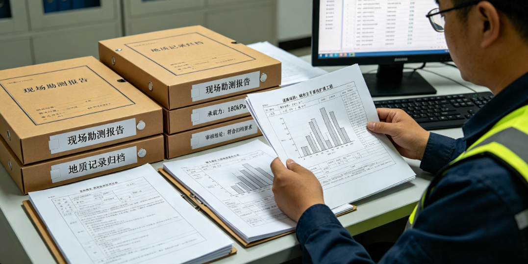 项目管理人员查验现场勘测报告与地质记录归档文件