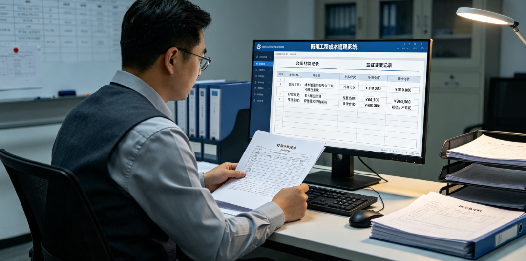 照明工程成本管理系统场景下成本人员核对合同付款和签证变更记录