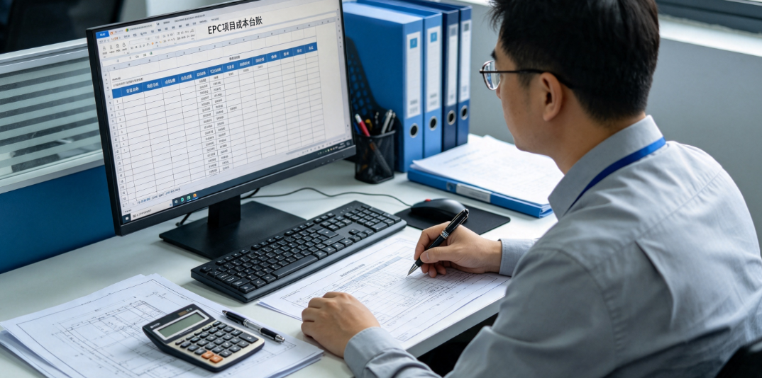 造价员在电脑前使用WPS核对EPC项目成本台账数据