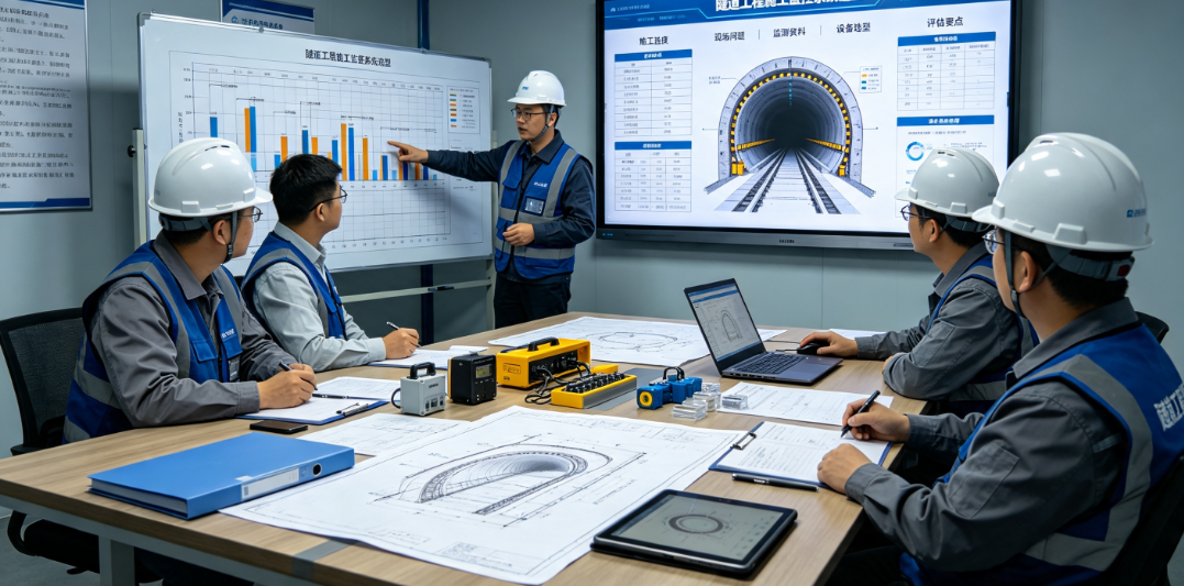 隧道工程施工监控系统选型讨论中,项目人员核对施工进度、现场问题和监测资料 隧道工程施工监控系统选型讨论中,项目人员核对施工进度、现场问题和监测资料