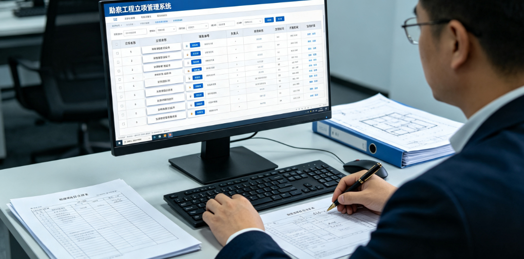 勘察工程立项管理系统使用场景中，经营人员核对多个勘察项目的立项名称、负责人和项目状态