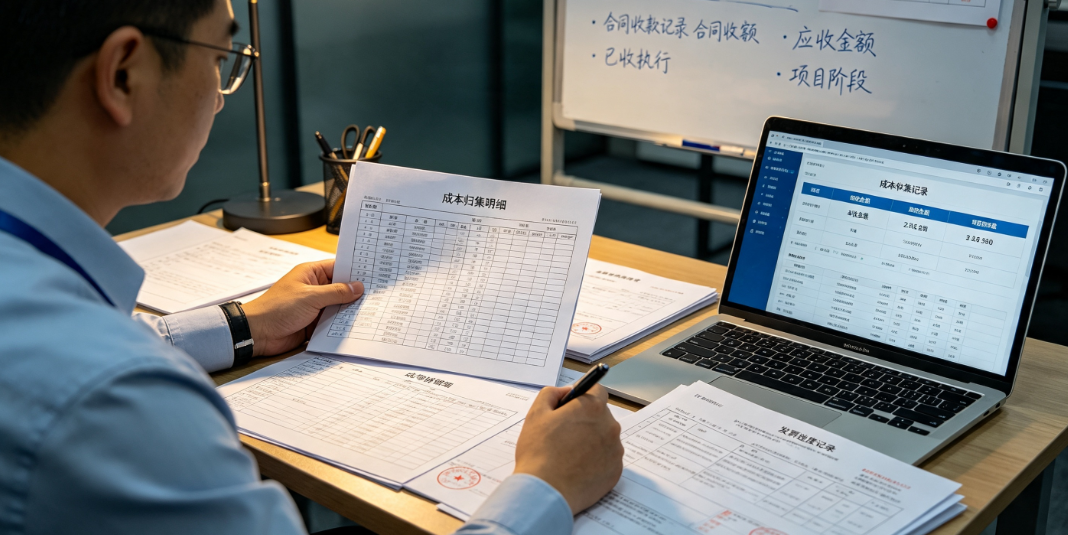 项目管理人员在核对某造价咨询项目的成本归集明细与合同收款记录 项目管理人员在核对某造价咨询项目的成本归集明细与合同收款记录