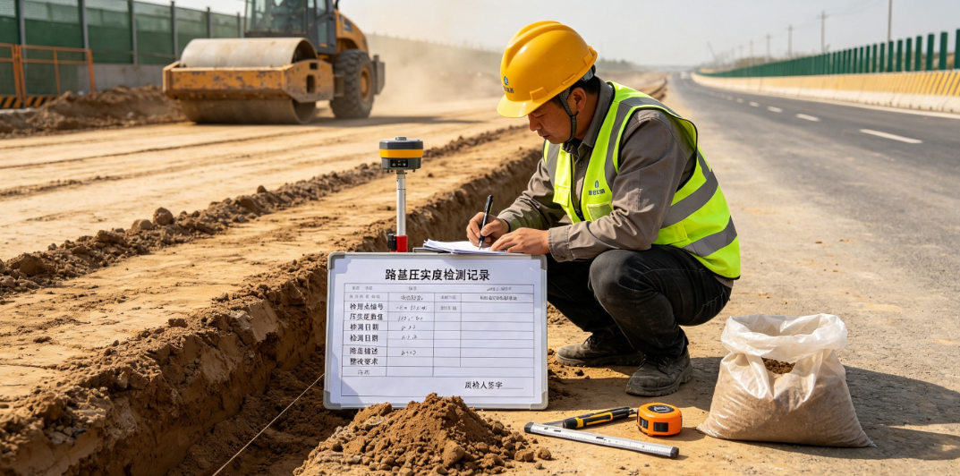 质检人员在公路施工现场登记路基压实度检测数据与隐患信息 质检人员在公路施工现场登记路基压实度检测数据与隐患信息