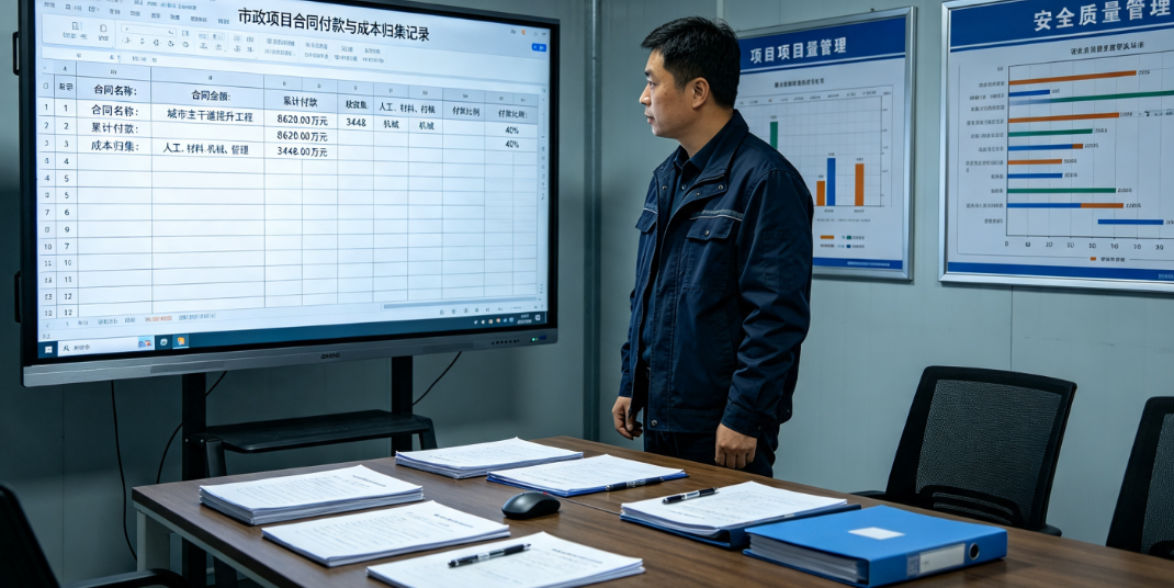 工程管理人员查看市政项目合同付款与成本归集记录