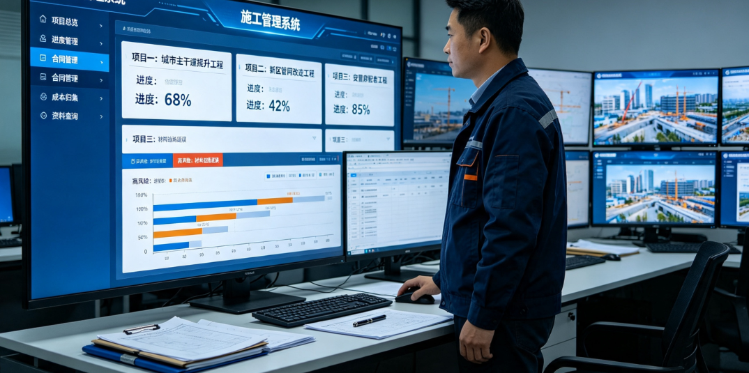 管理人员通过建筑企业施工管理系统软件核对多个施工项目的基本信息和进度记录 管理人员通过建筑企业施工管理系统软件核对多个施工项目的基本信息和进度记录