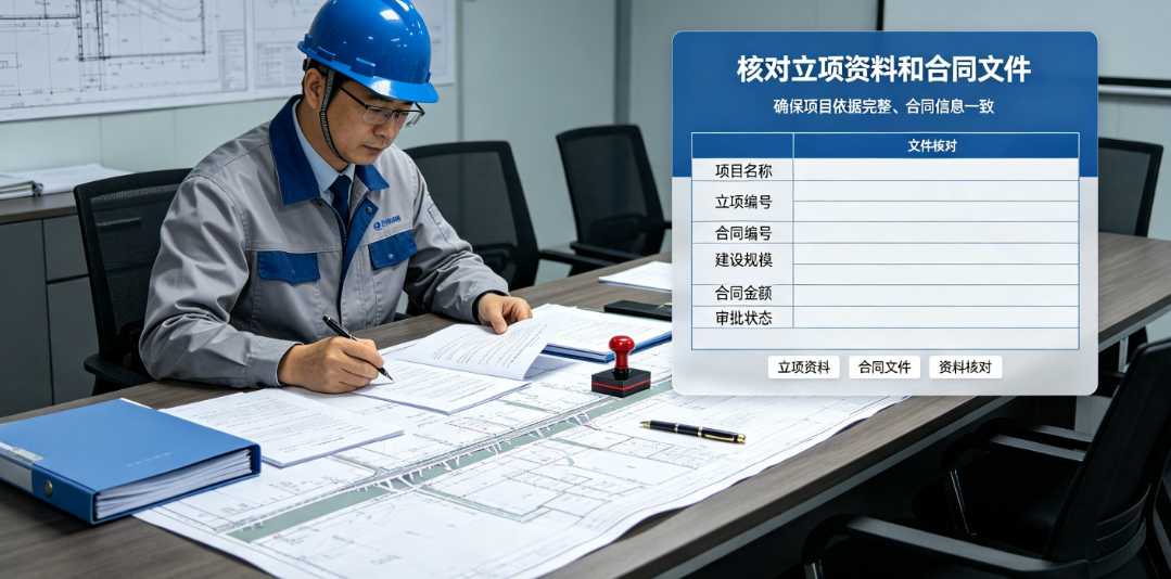 路桥工程管理人员在项目部核对立项资料和合同文件