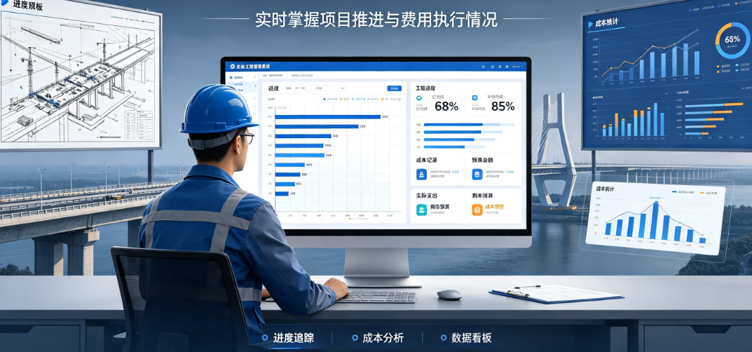 项目管理人员在电脑前查看工程进度和成本记录
