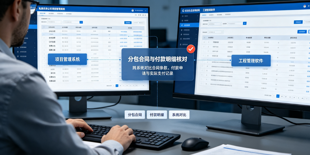 成本管理人员在私募投资公司项目管理系统与工程管理软件对比场景中核对分包合同与付款明细 成本管理人员在私募投资公司项目管理系统与工程管理软件对比场景中核对分包合同与付款明细