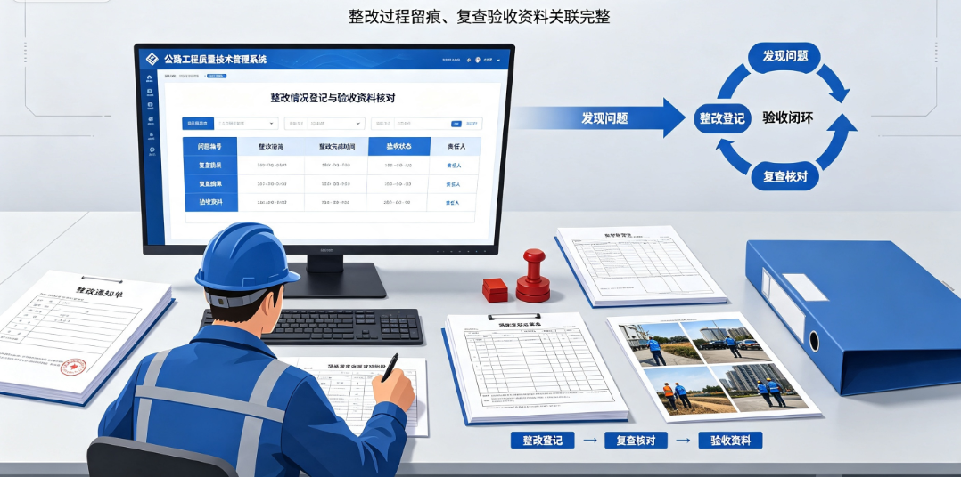 公路工程质量技术管理系统场景中项目人员登记整改情况并核对复查和验收资料 公路工程质量技术管理系统场景中项目人员登记整改情况并核对复查和验收资料