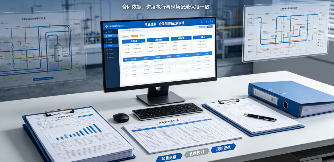 工程安装公司管理软件使用场景中项目人员核对项目进度、合同和现场业务记录