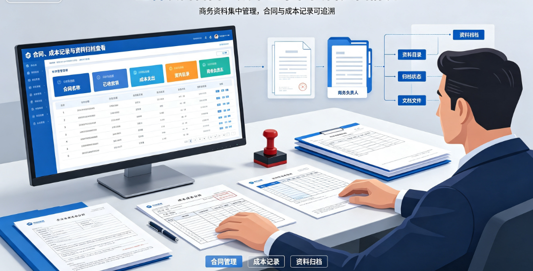 工程安装公司管理软件场景中商务人员查看项目合同、成本记录和资料归档情况