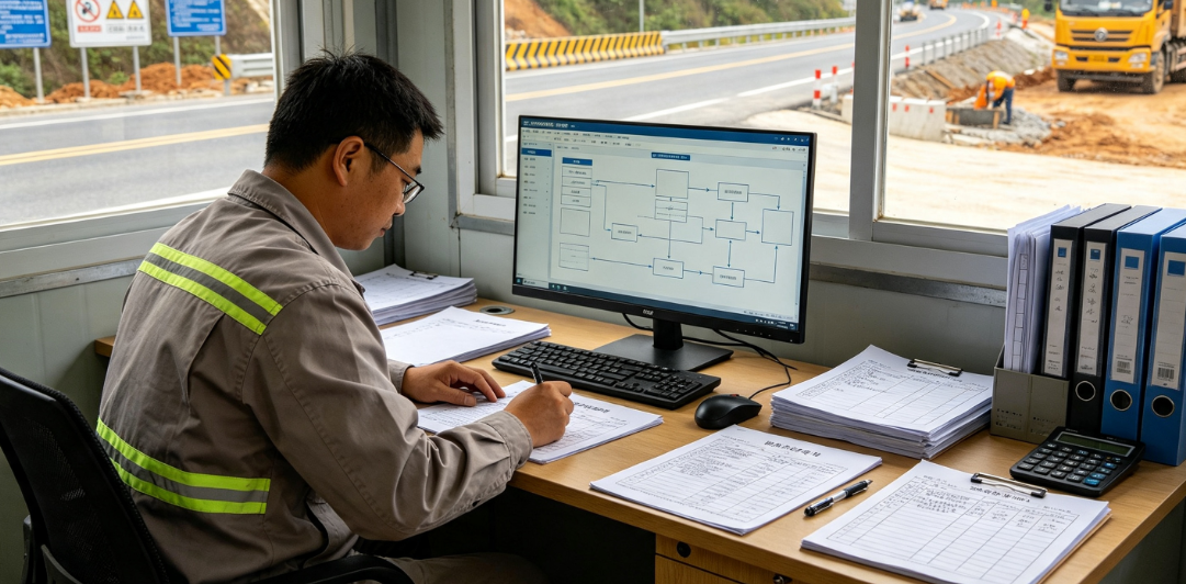 养护工程成本管理人员在公路养护成本合算软件相关流程中核对材料采购单与路段支出台账