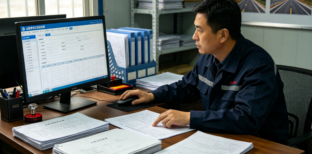 工程管理人员在公路养护成本合算软件操作界面核对分包合同与台班确认单