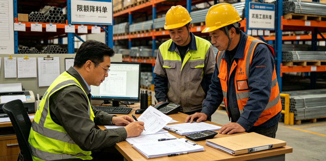 库管员与施工班组核对限额领料单据与材料库存