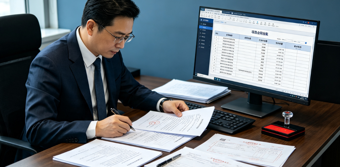 投资方管理人员在办公室核对项目合同台账与资金支付单据 投资方管理人员在办公室核对项目合同台账与资金支付单据
