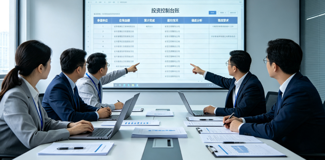 工程管理团队在会议室讨论投资控制台账与参建单位履约情况 工程管理团队在会议室讨论投资控制台账与参建单位履约情况