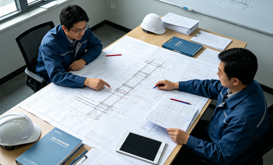 结构设计人员核对建筑加固施工图和项目资料