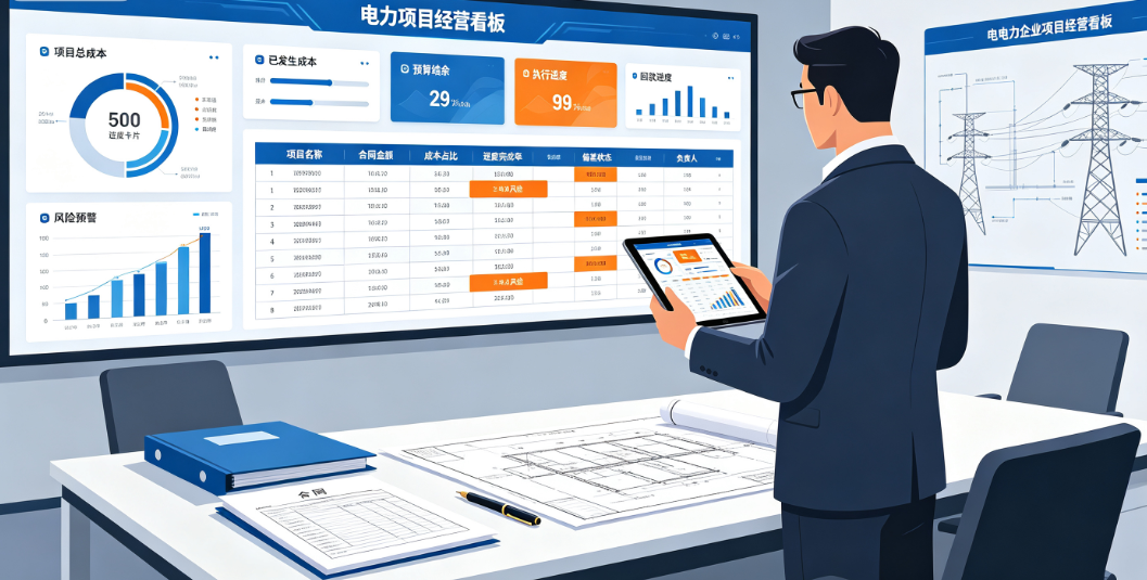 项目负责人通过经营看板查看电力项目成本和进度数据