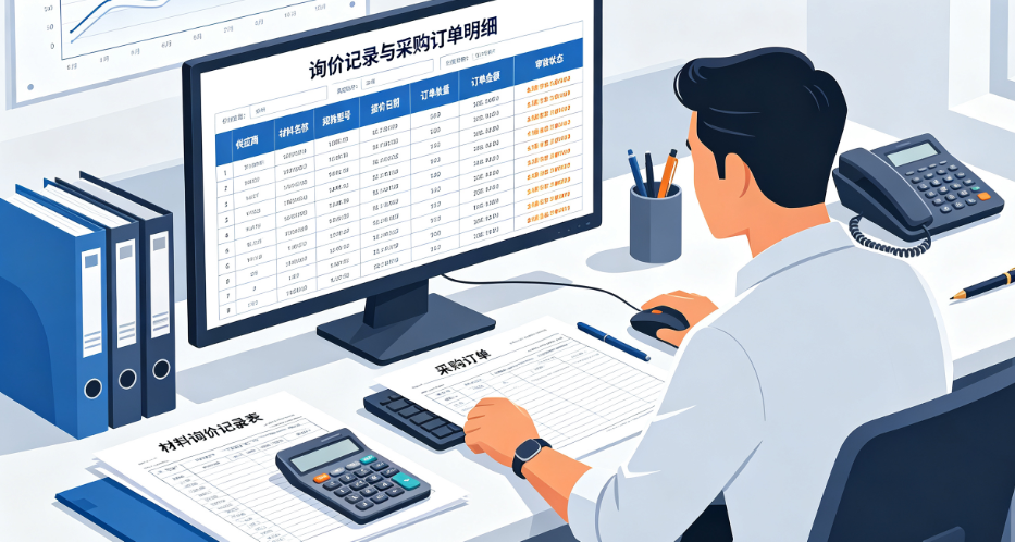 采购管理人员在电脑前核对材料询价记录与采购订单明细 采购管理人员在电脑前核对材料询价记录与采购订单明细